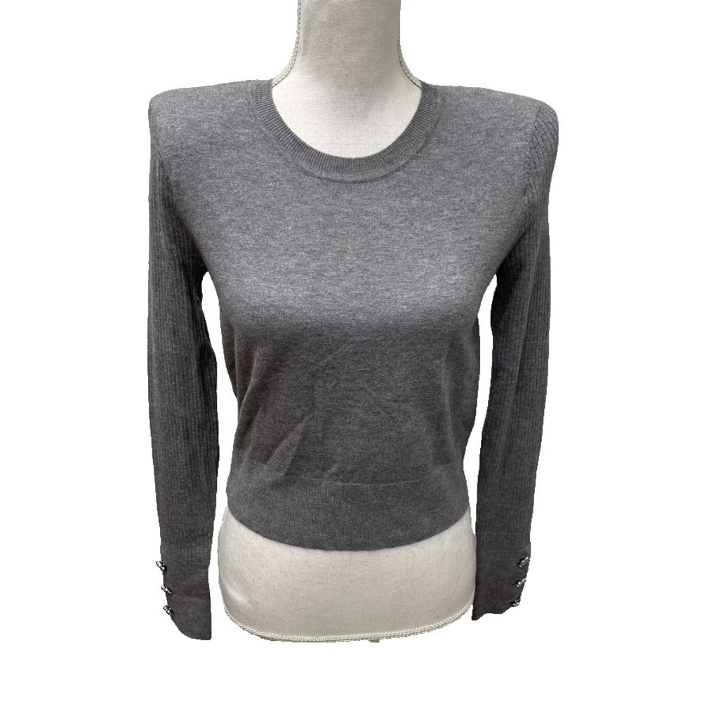 L'Agence Sweater Jumper Womens Small Gray Shoulder Pads Rhinestone Buttons Boxy